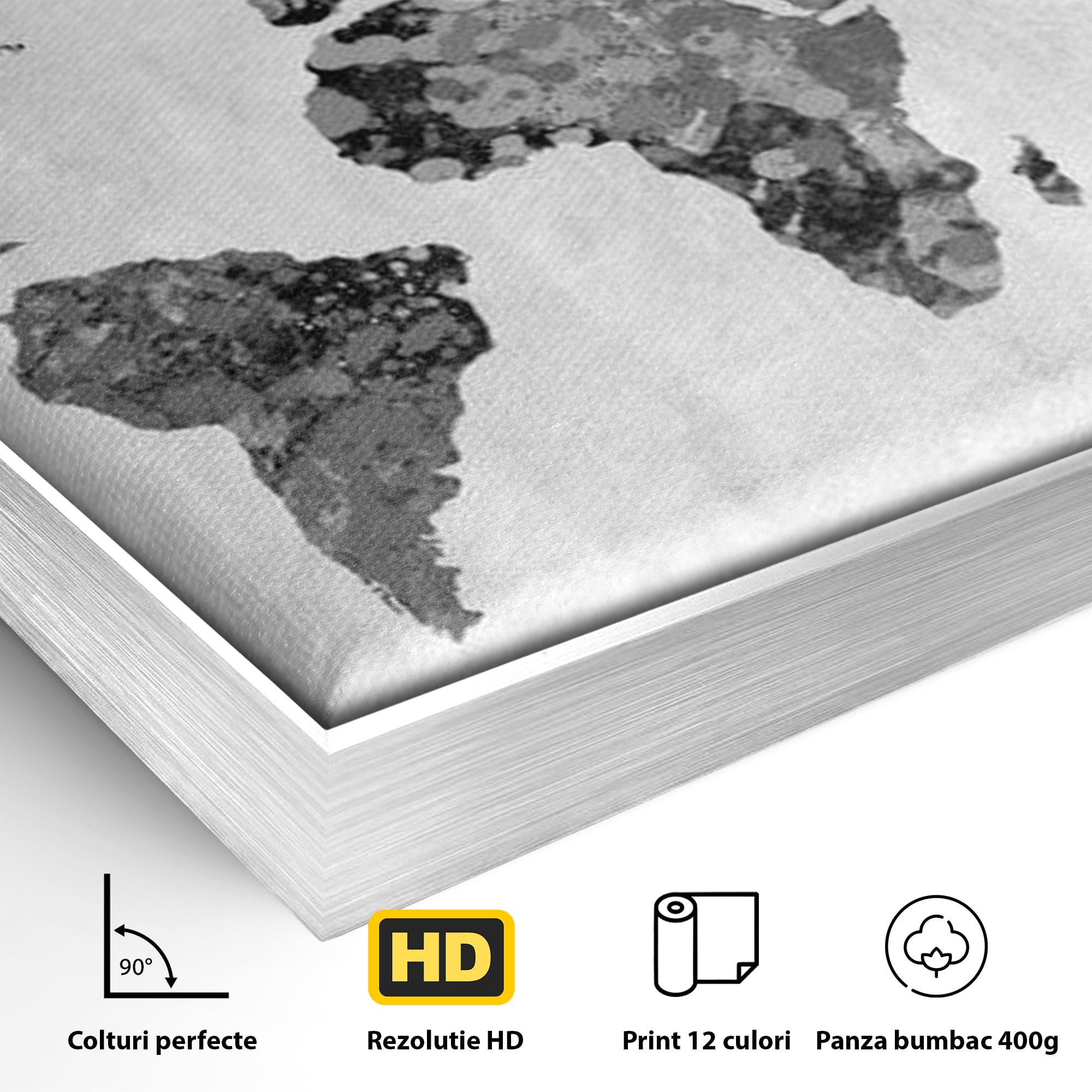Detaliu al suprafetei: harta lumii in tonuri de gri, in rama de aluminiu argintiu